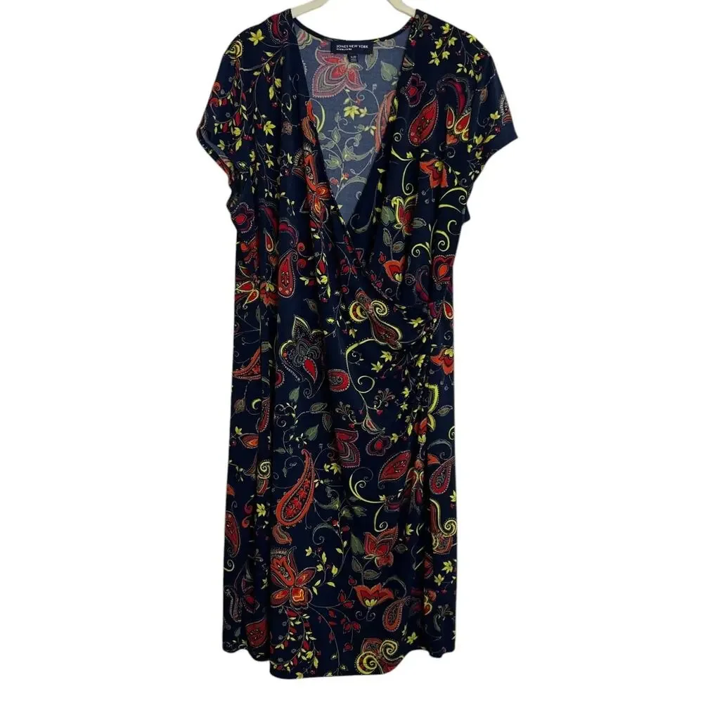 Jones New York Signature Faux Wrap Dress XL Navy Paisley Short Sleeve